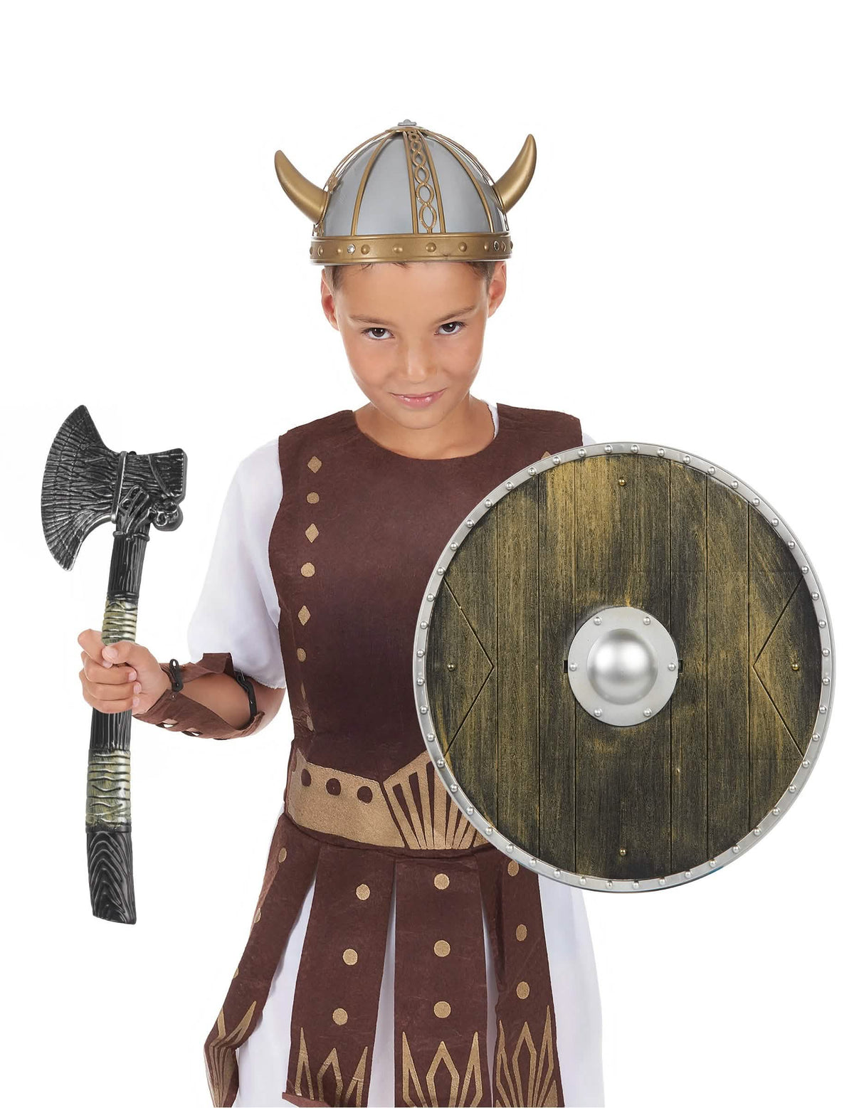 Pohľad spredu na dieťa s detským vikingským setom
