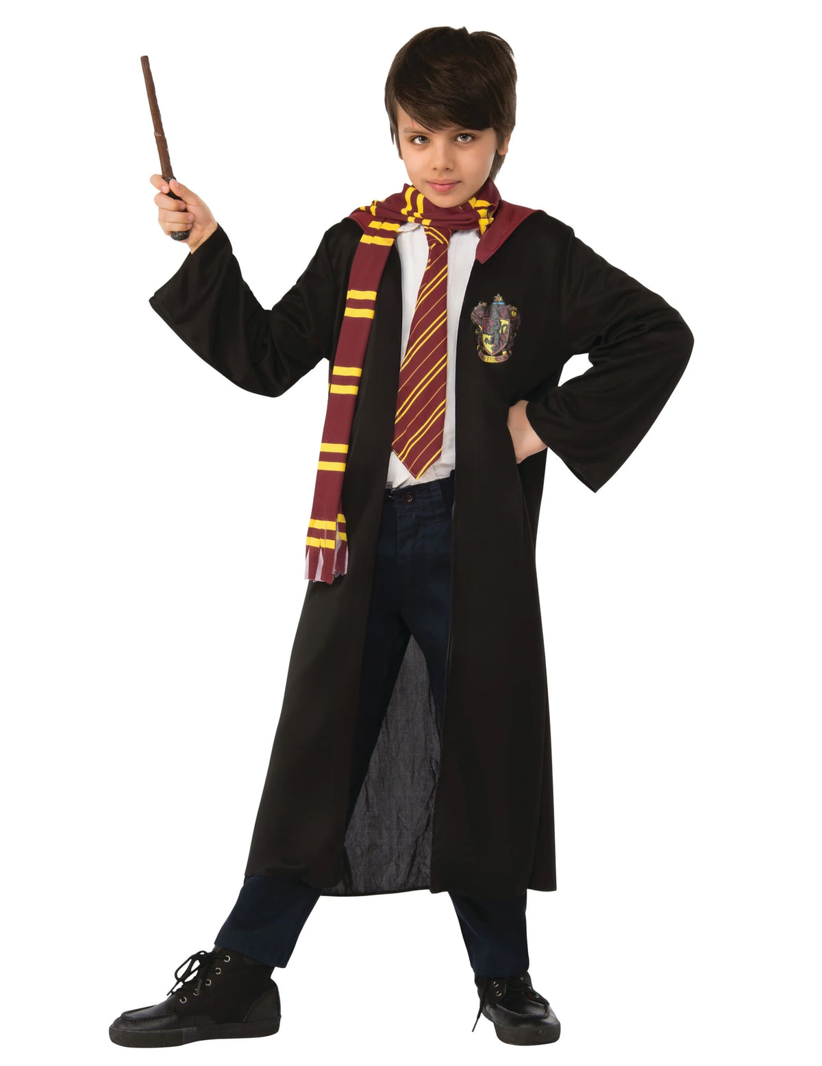 Kit déguisement et accessoires Harry Potter pour enfant noir avec baguette écharpe et cravate Gryffondor