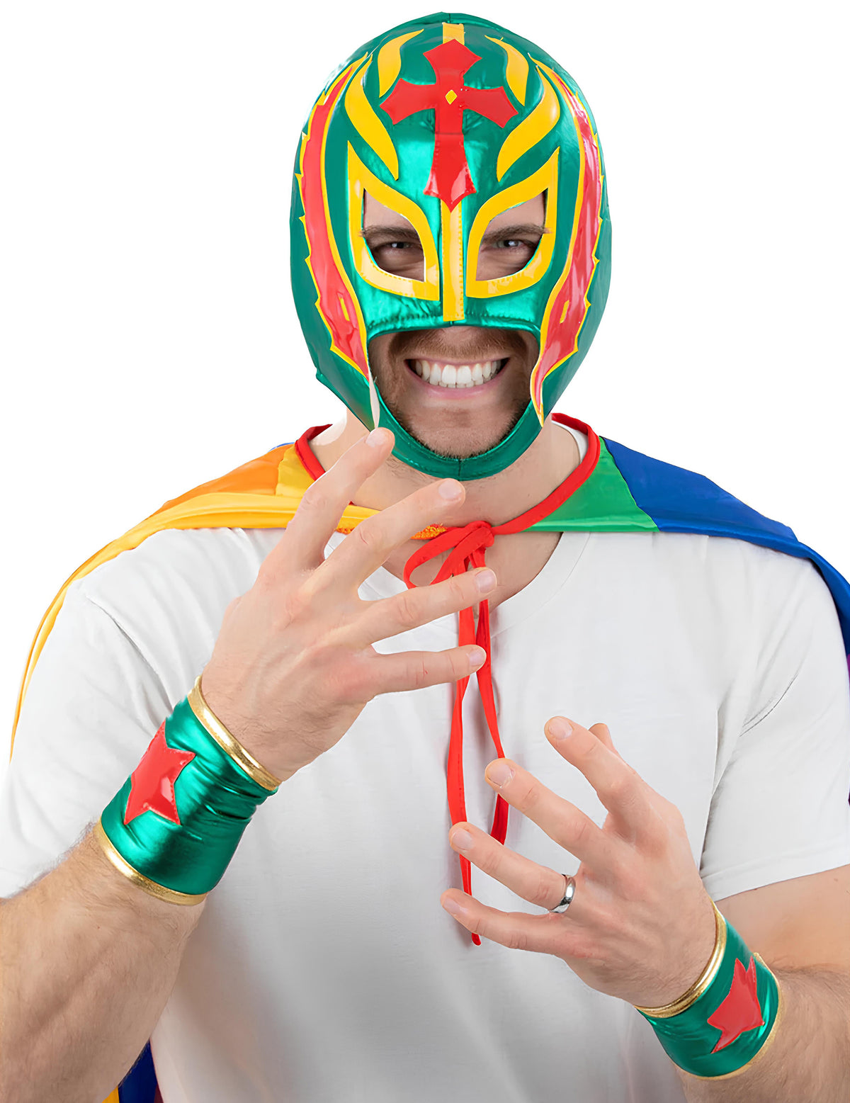 Kit déguisement de lutteur mexicain pour adulte vert et rouge avec cape arc-en-ciel