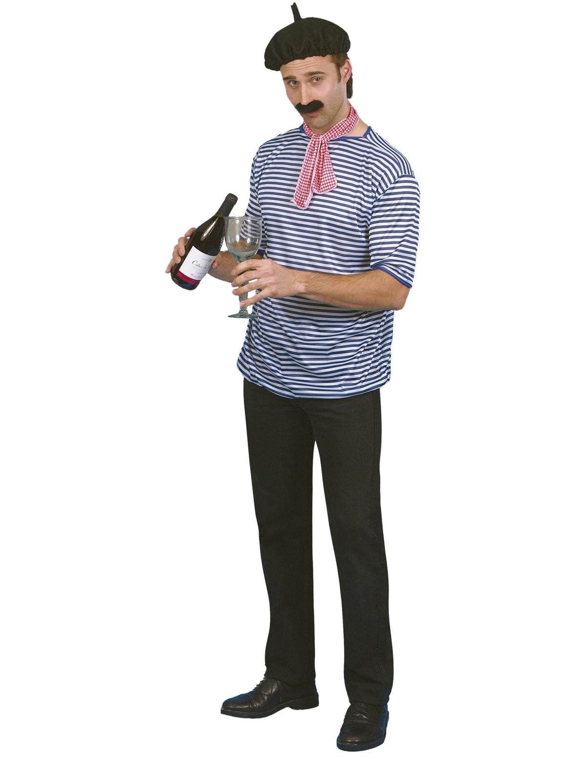 Kit déguisement de petit français pour adulte avec marinière bleue et blanche, béret et foulard rouge