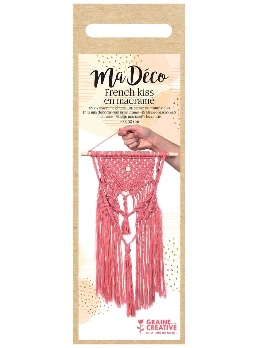 Pohľad na balenie súpravy na macramé boho záves v ružová farbe z bavlny diy