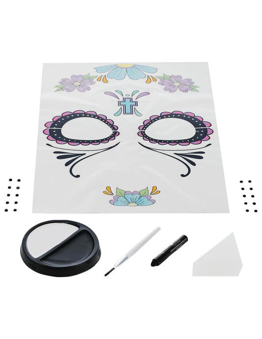 Vue d'ensemble du contenu du kit maquillage Dia de los muertos pour femme fleurs bleues
