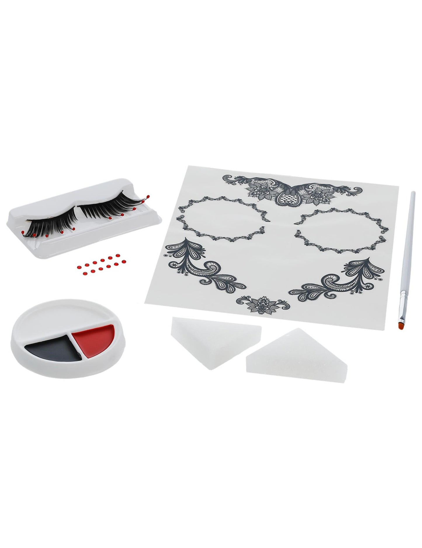 Vue d'ensemble des accessoires du kit maquillage glamour avec faux cils et bijoux Dia de los muertos