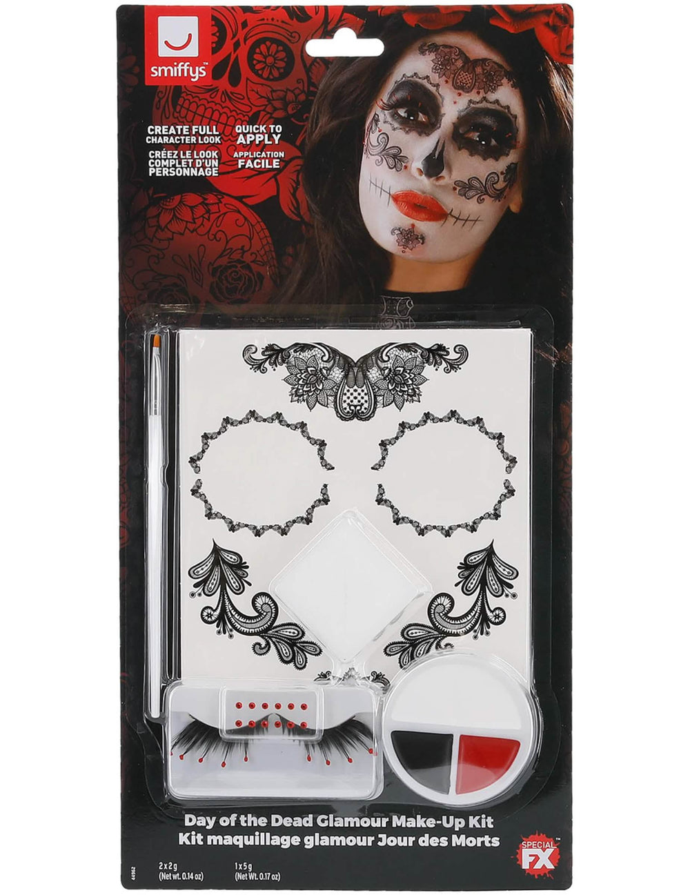 Pohľad na balenie glamúrskej súpravy líčidiel s umelými mihalnicami a šperkami Dia de los muertos