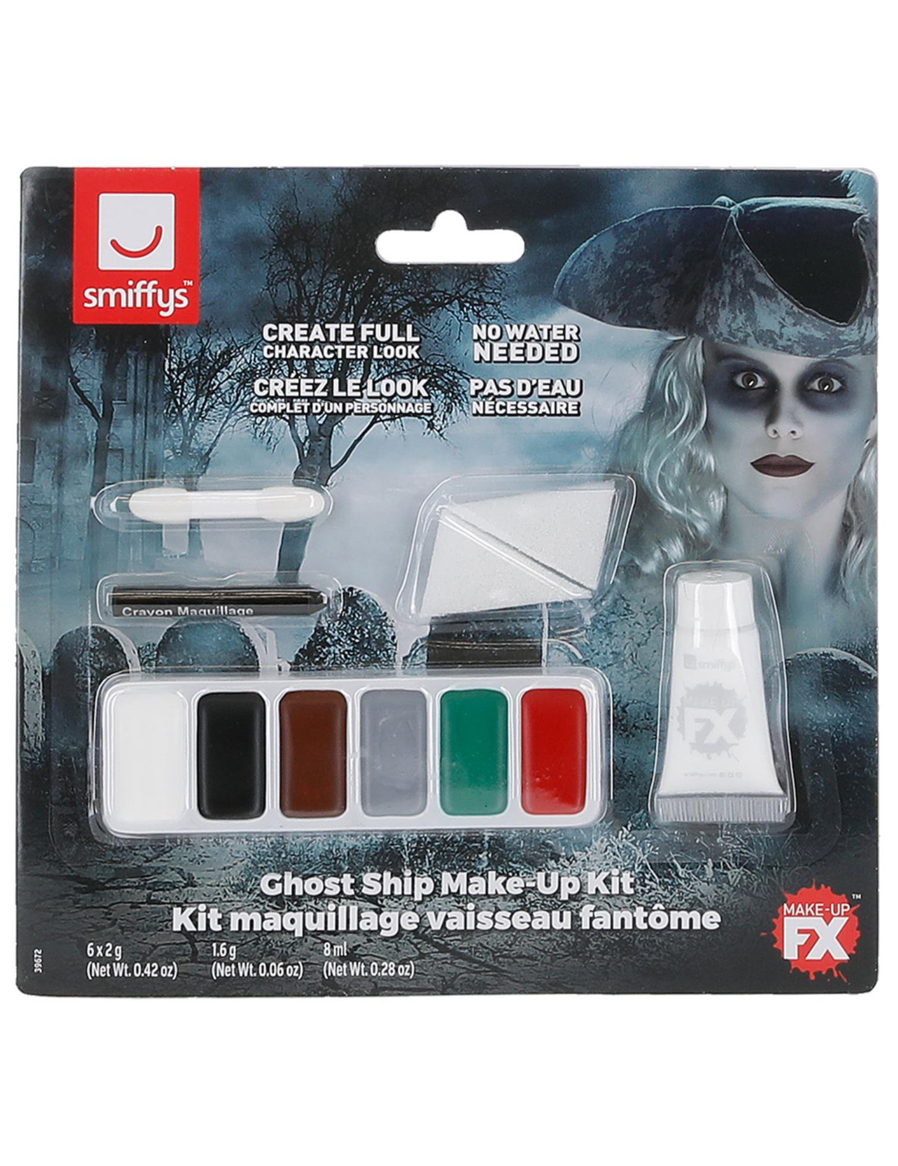 Vue de l'emballage et du contenu du kit maquillage pirate des mers pour femme