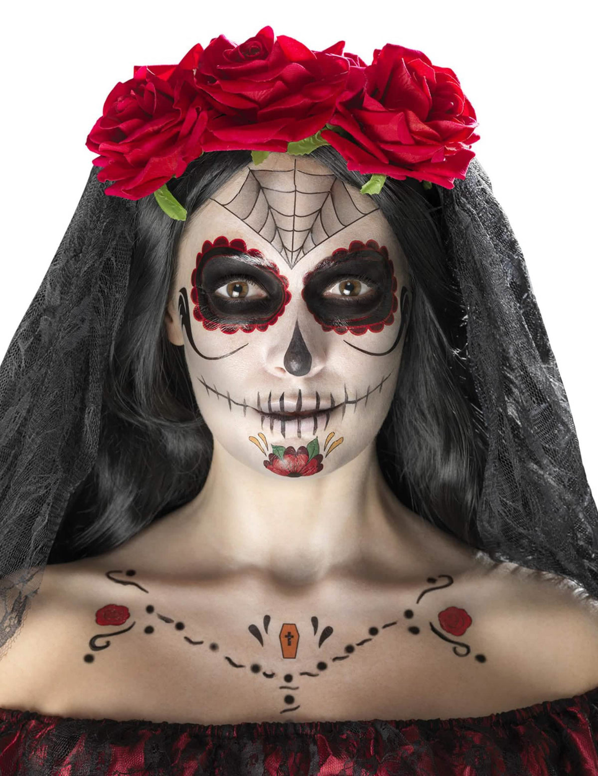 Sada líčidiel pre princeznú pavúčiu Dia de los muertos pre ženu červená a čierna