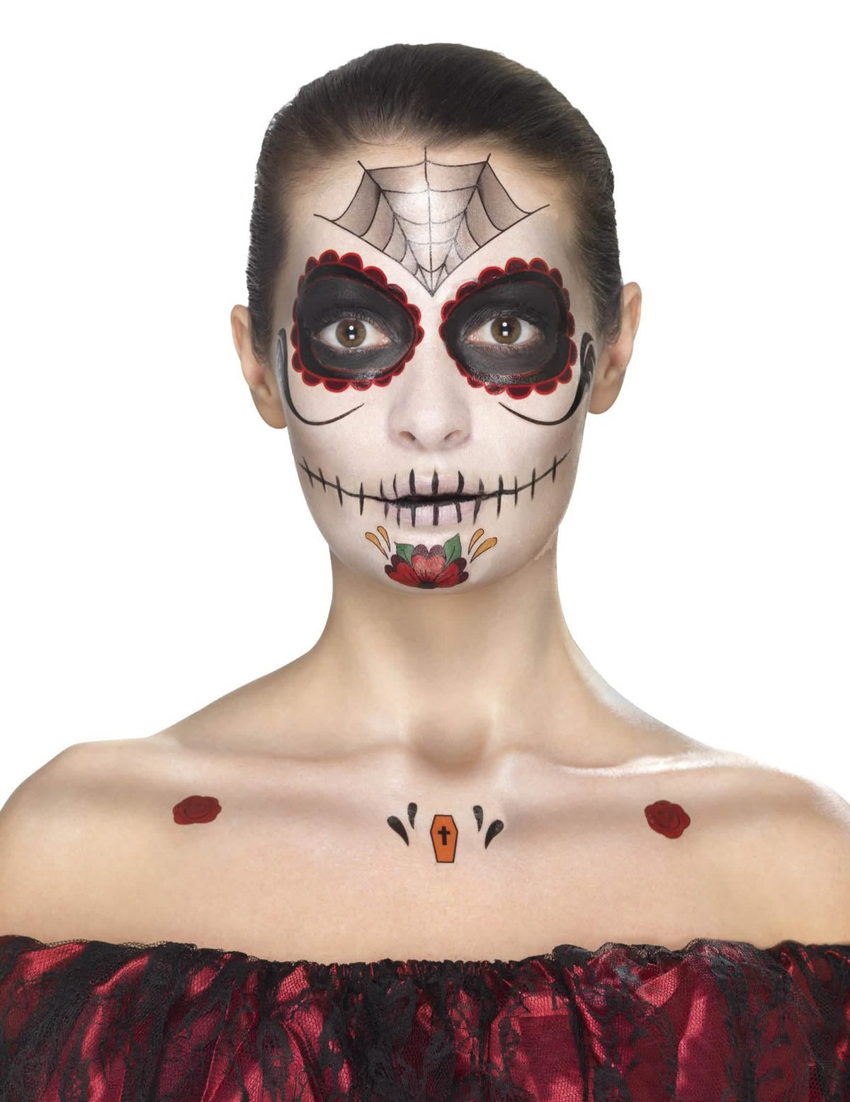 Rendu líčidiel a tetovaní trupu z Kit maquillage princezná pavúk Dia de los muertos