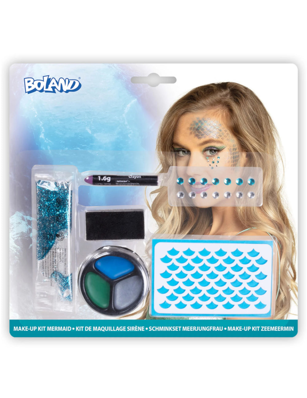 Vue du packaging et des accessoires du kit maquillage sirène pour adulte