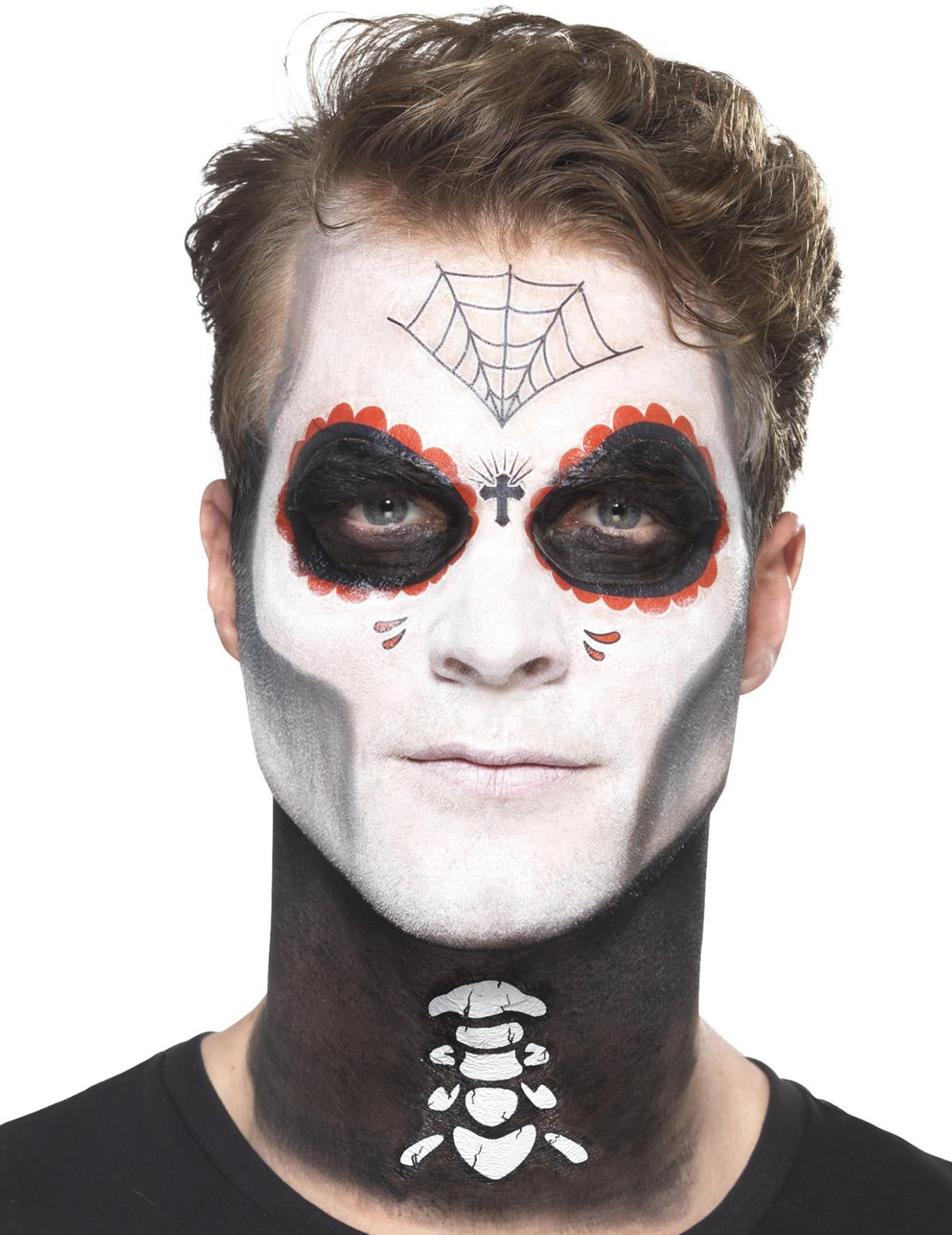 Gros plan sur les motifs du visage et du cou du kit maquillage squelette mexicain Dia de los muertos