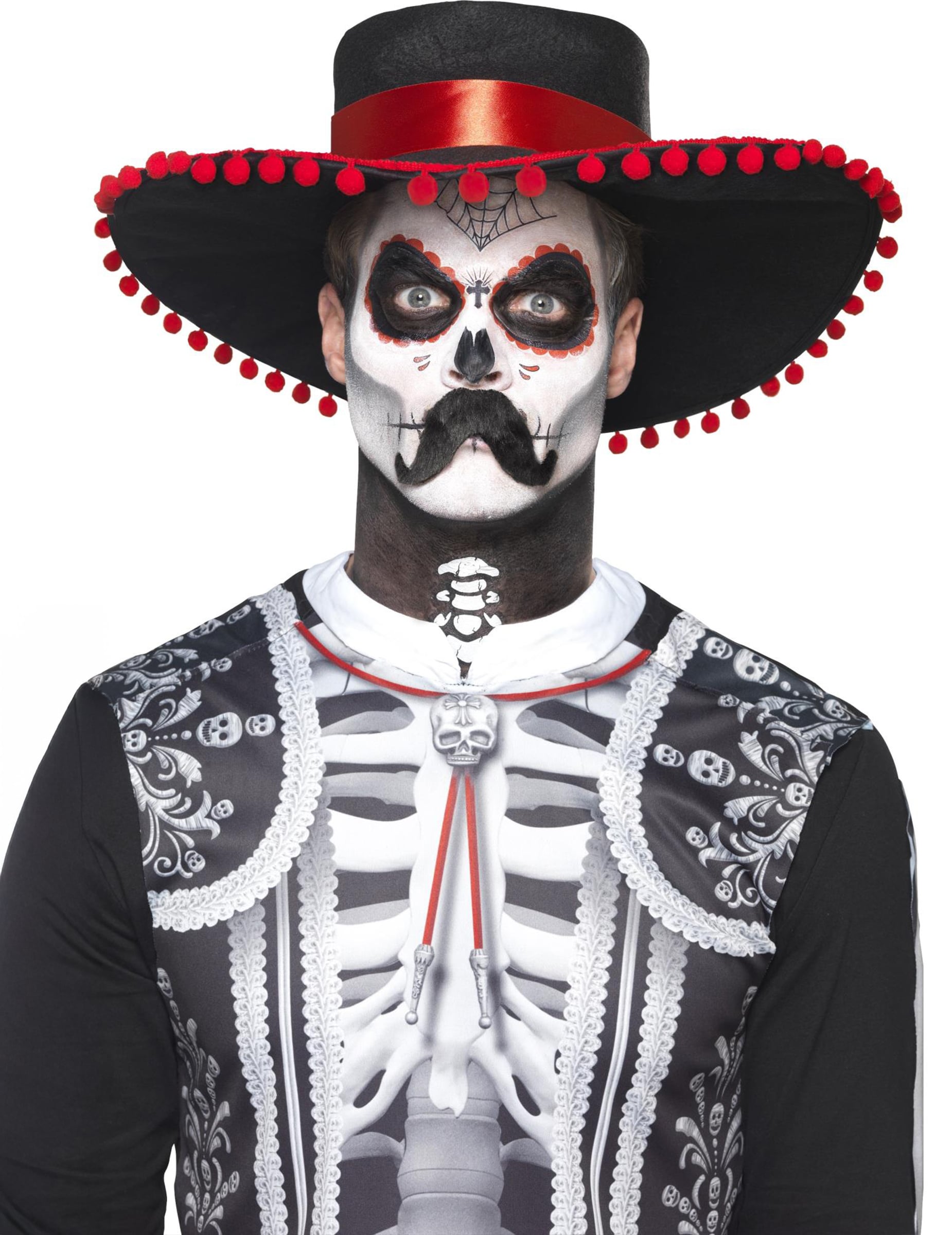 Kit maquillage squelette mexicain Dia de los muertos pour adulte noir et blanc avec sombrero à pompons rouges