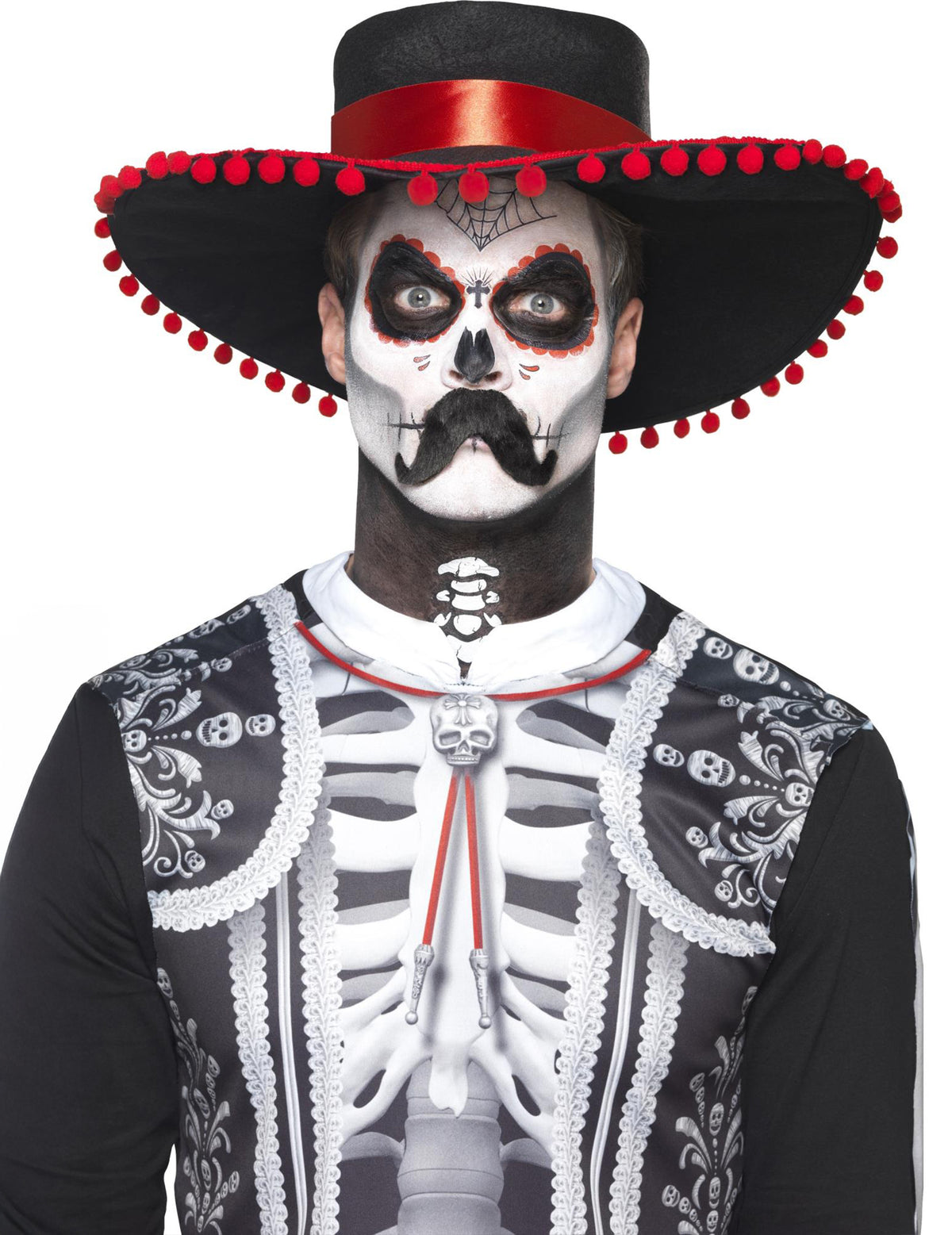 Kit maquillage squelette mexicain Dia de los muertos pour adulte noir et blanc avec sombrero à pompons rouges