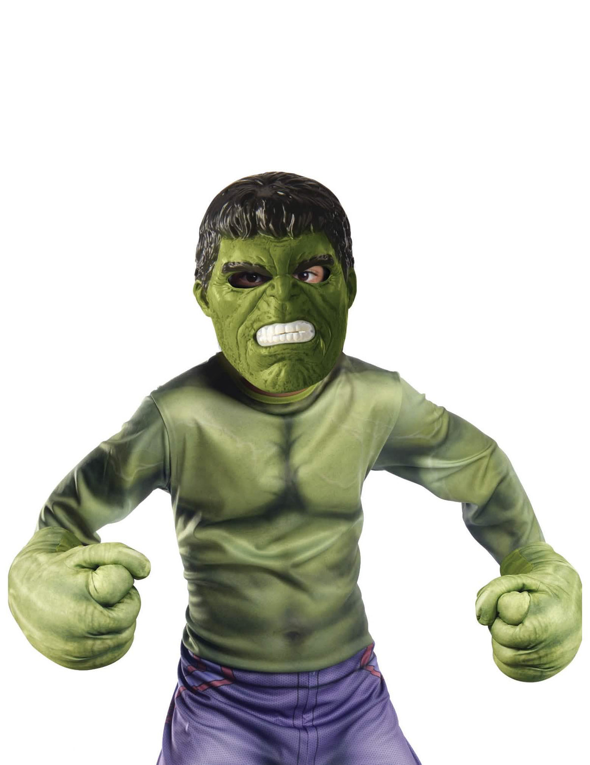 Súprava masky a obrovských rukavíc Hulk pre dieťa zelená a fialová