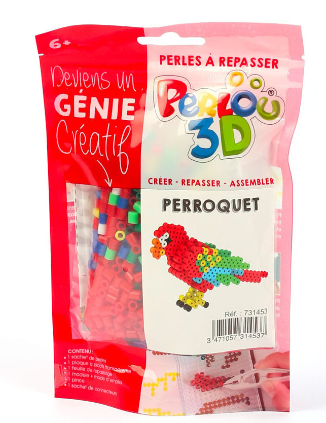 Vue de face du packaging du kit perles à repasser 3D perroquet
