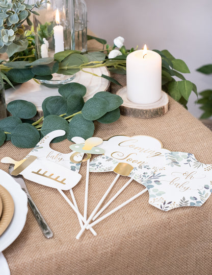 11-dielna sada na fotenie s eukalyptovými a zlatými doplnkami „Oh Baby“ na oslavu bábätka