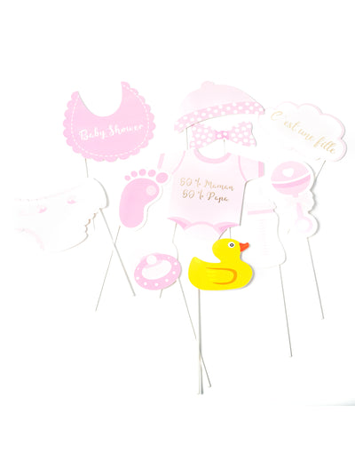 Kit photobooth baby shower pour fille rose et blanc avec accessoires en carton