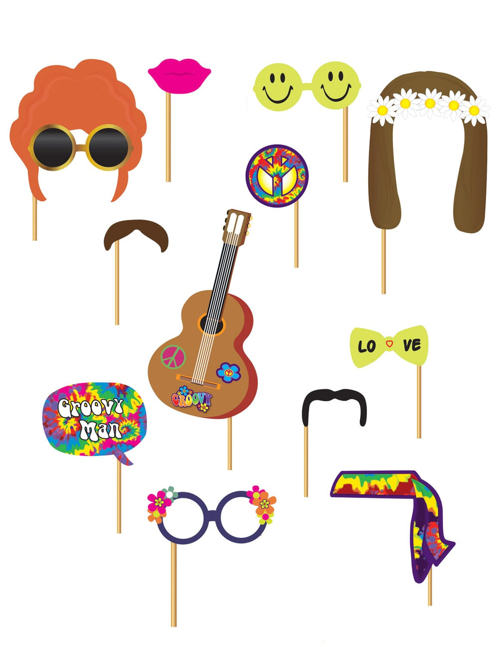 Kit photobooth Hippie pour adulte multicolore 12 pièces