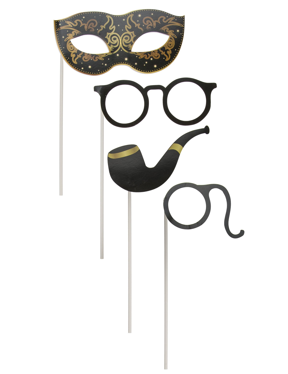 Détail des accessoires masque loup pipe et lunettes du kit photobooth de Nouvel An