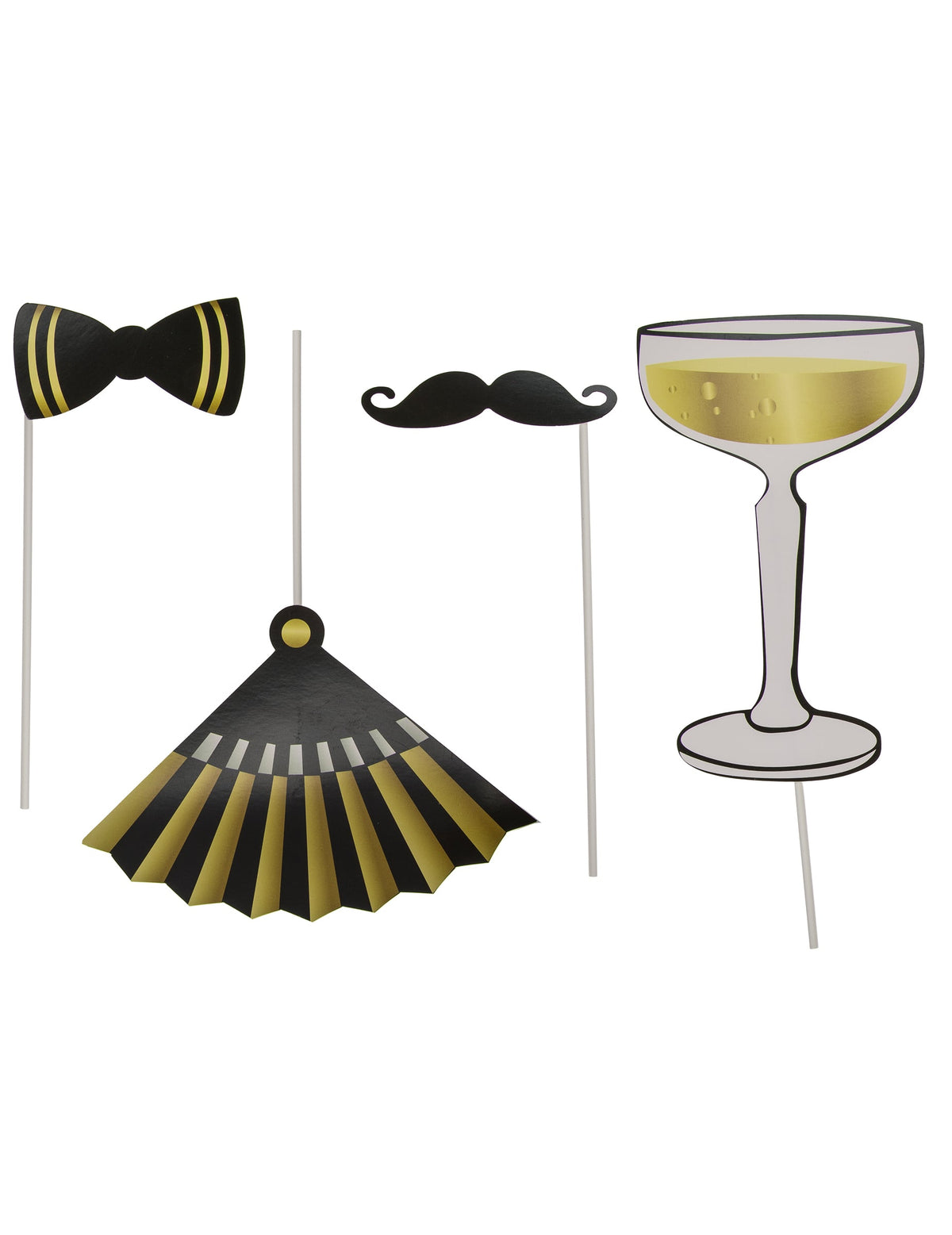 Détail des accessoires noeud papillon moustache éventail et coupe de champagne du kit photobooth de Nouvel An