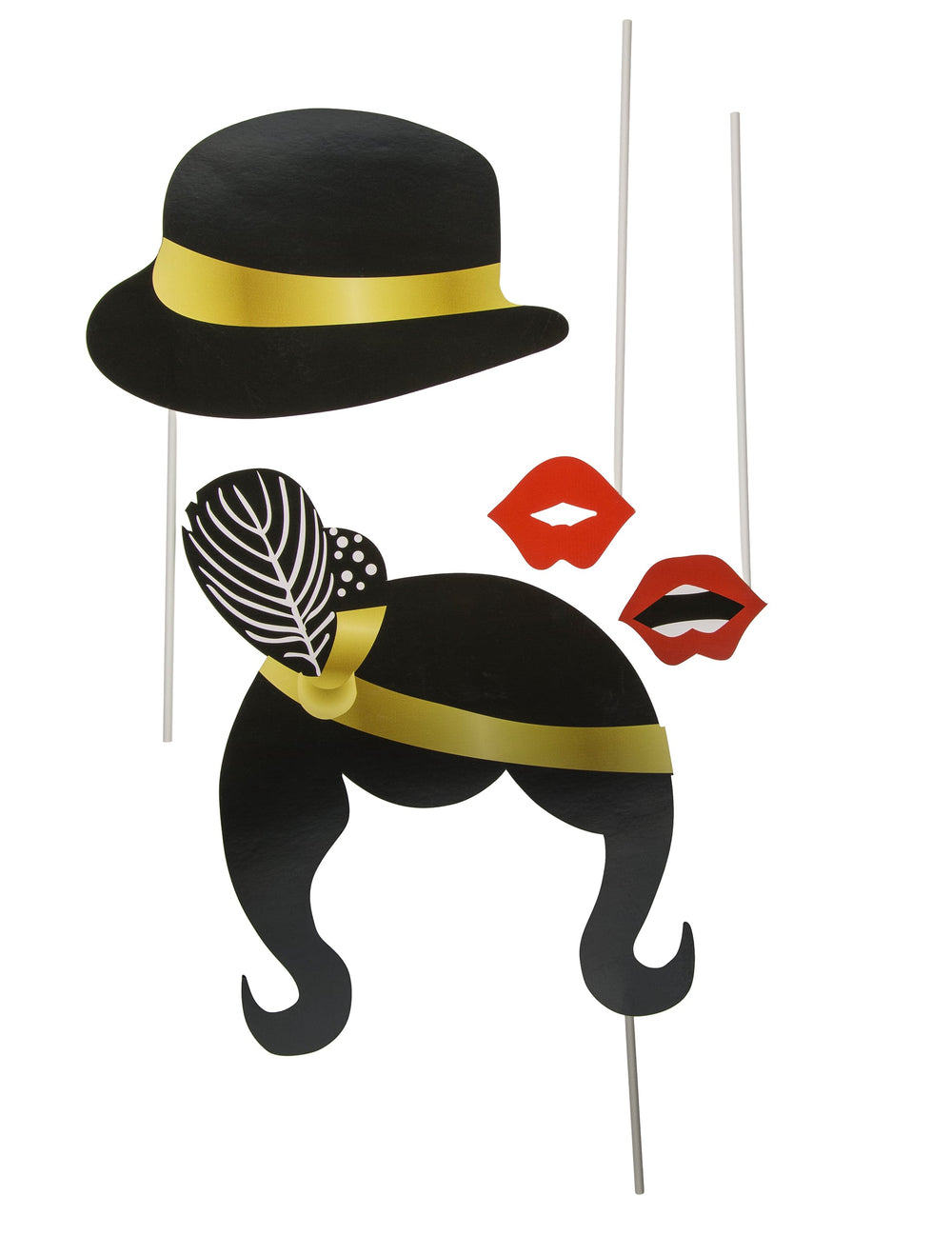 Détail des accessoires chapeau melon bandeau à plumes et bouches du kit photobooth de Nouvel An