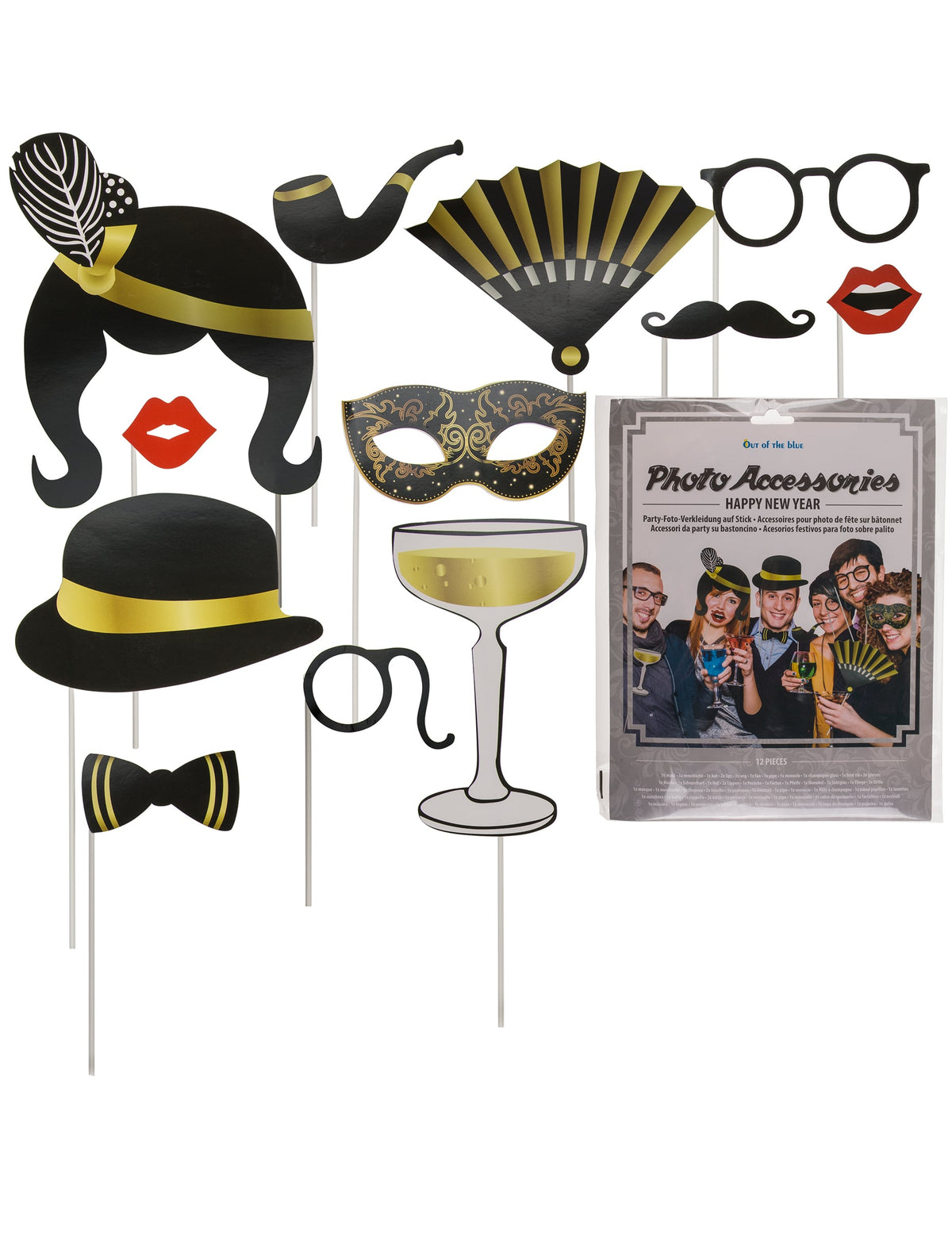 Kit photobooth de Nouvel An pour adulte noir et doré 12 pièces