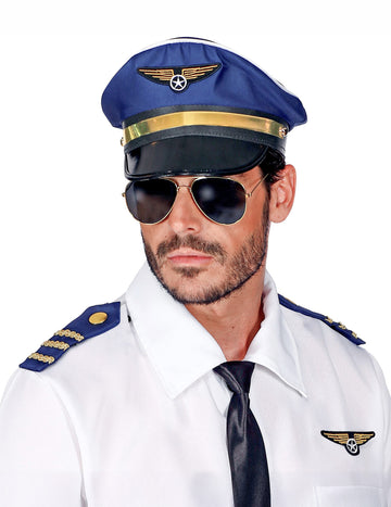 Kit de pilote d'avion pour adulte bleu et blanc avec casquette et lunettes