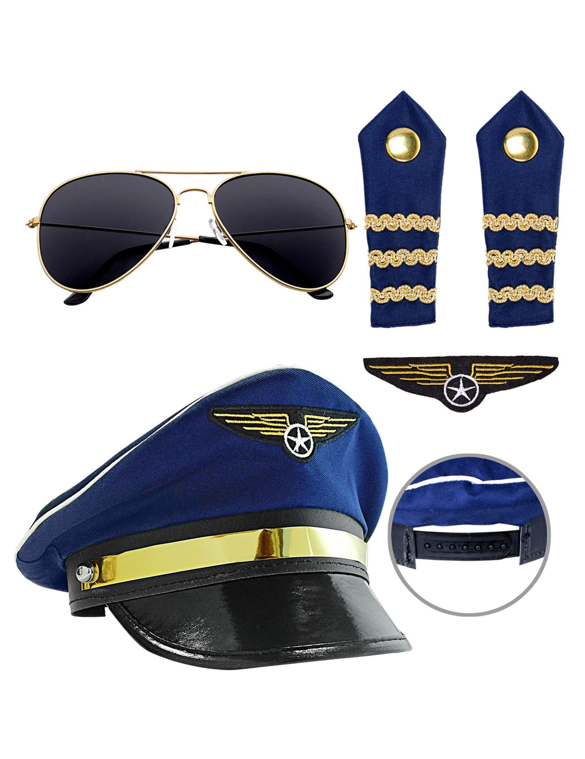 Détail des accessoires et du système de réglage du kit pilote d'avion pour adulte