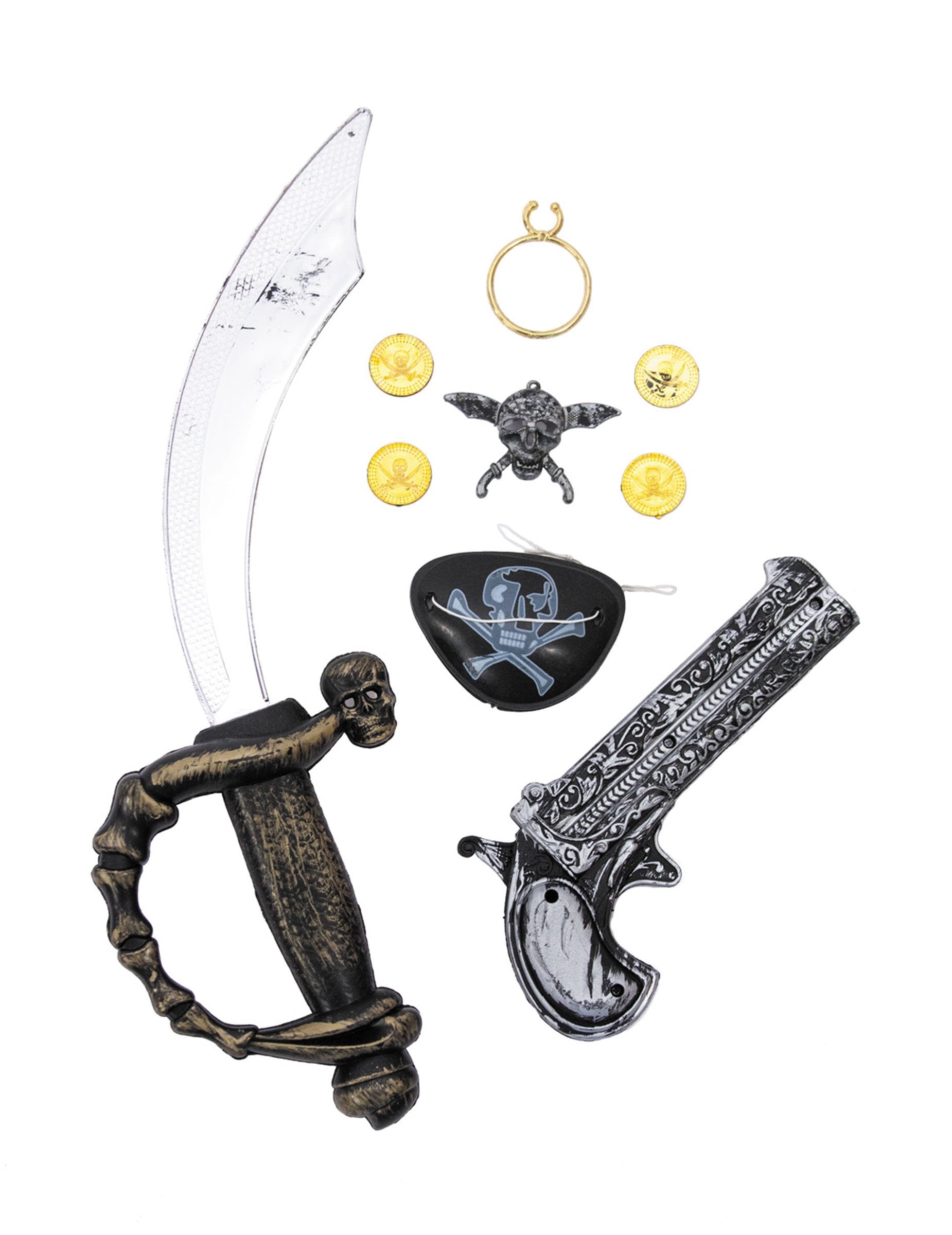Kit pirate pour enfant noir argent et or avec sabre et pistolet