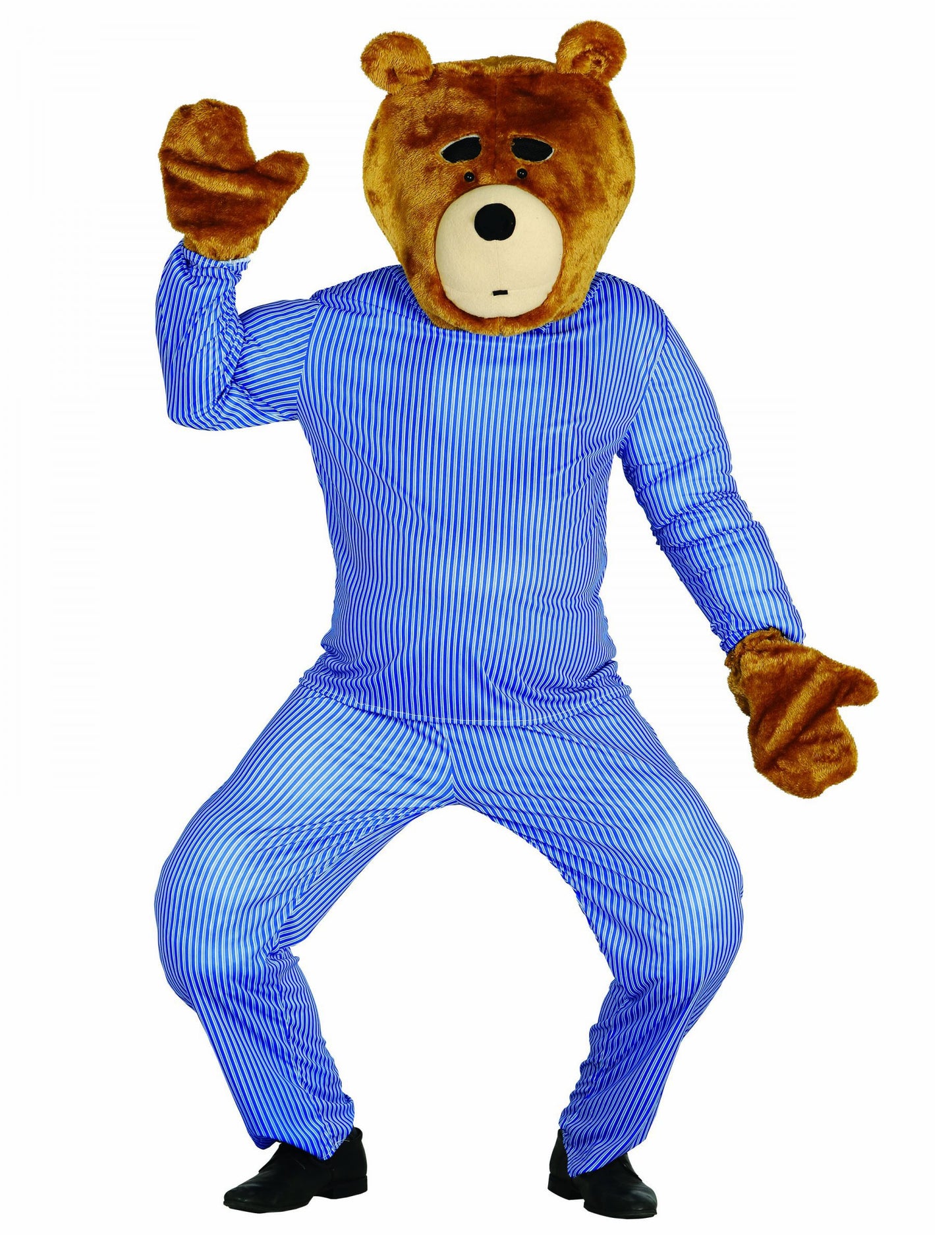 Kit tête et mains ours en peluche pour adulte marron avec pyjama à rayures bleu et blanc