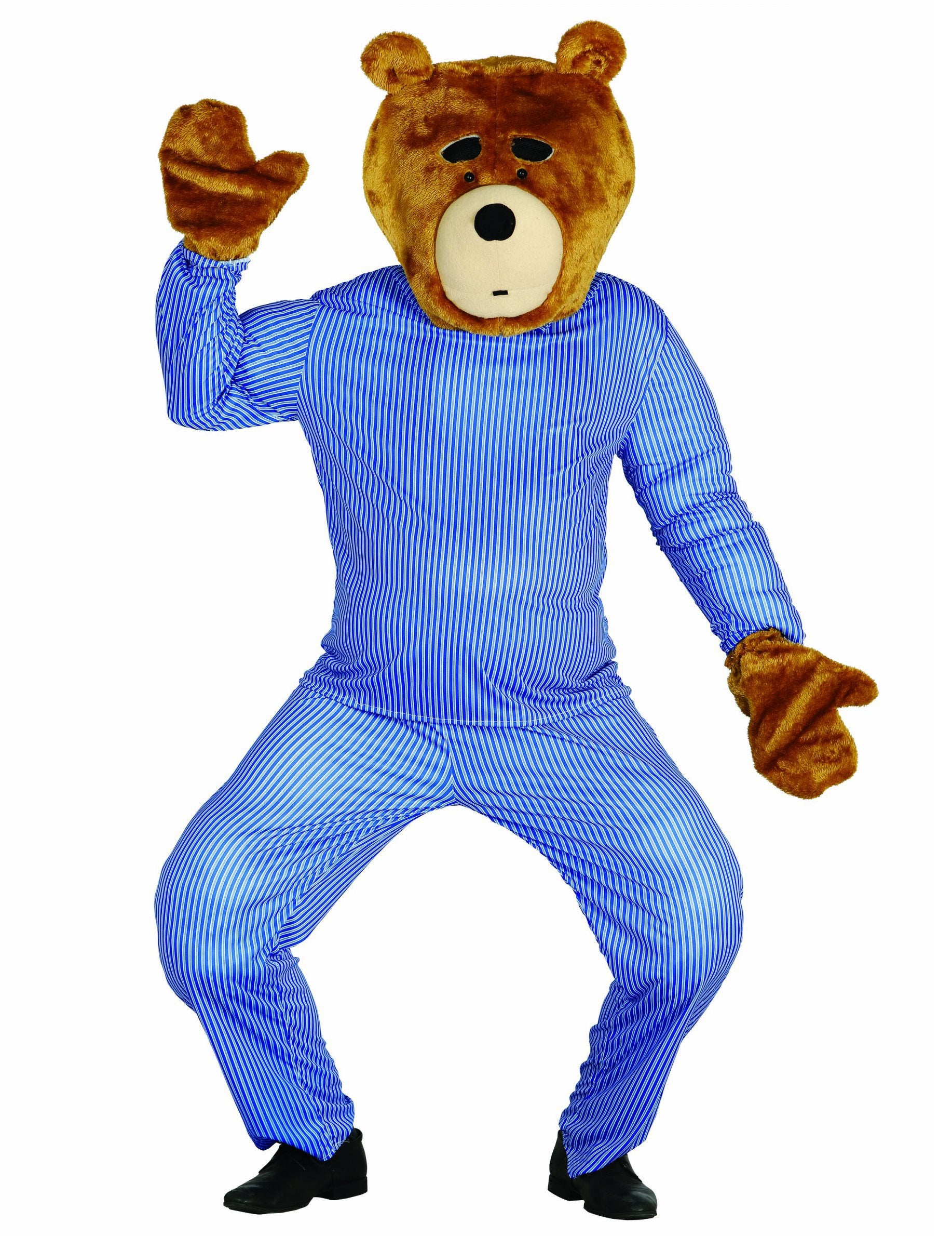 Kit tête et mains ours en peluche pour adulte marron avec pyjama à rayures bleu et blanc
