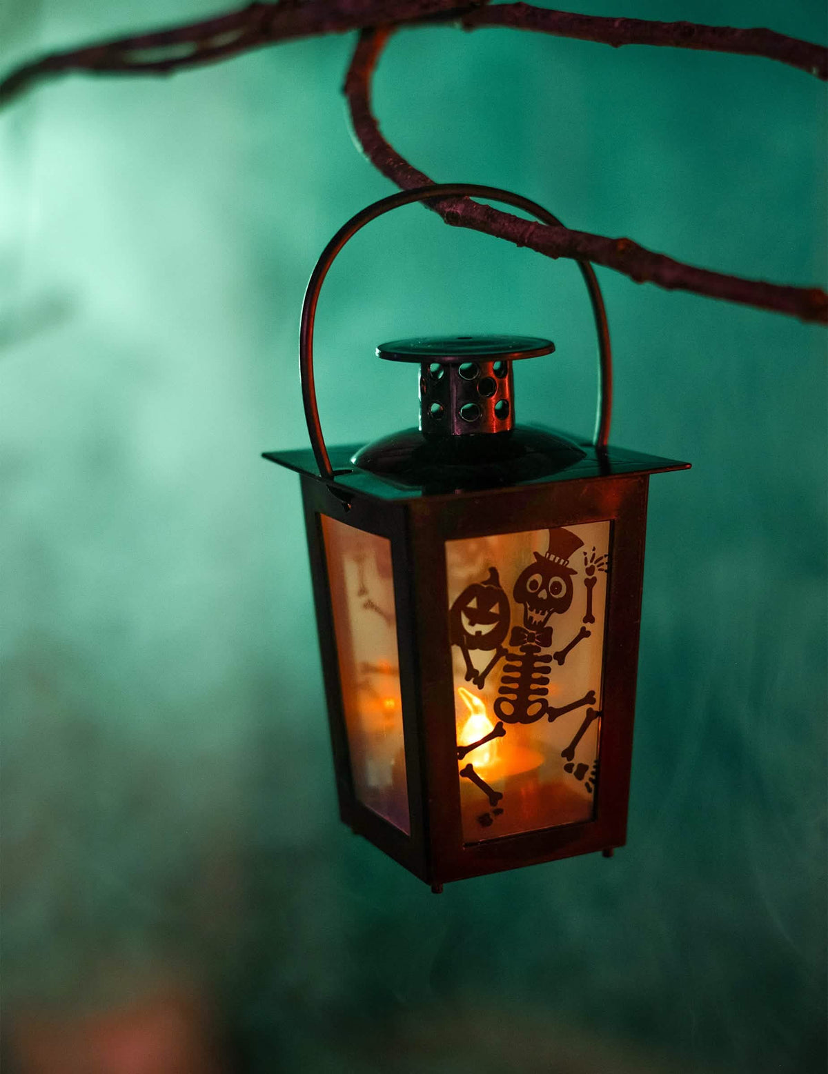 Detail na zavesenej lampe na konári svietiacej lampy halloween so skeletom a tekvica