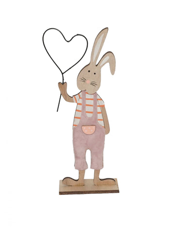 Drevená dekorácia králika so svetloružovým srdcom 22 cm na podstavci