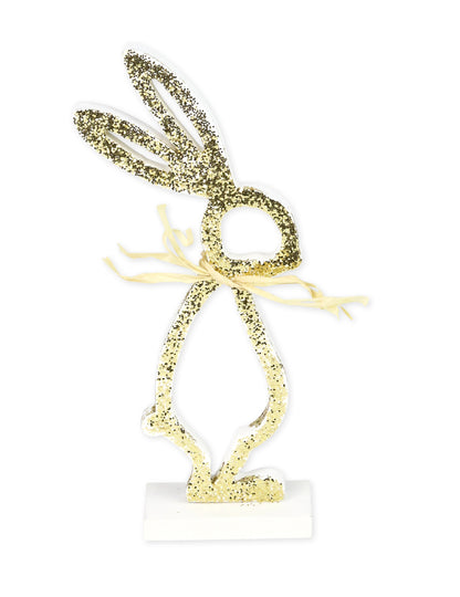 Králik na bielom drevenom podstavci so zlatými trblietkami 18 cm na Veľkú noc