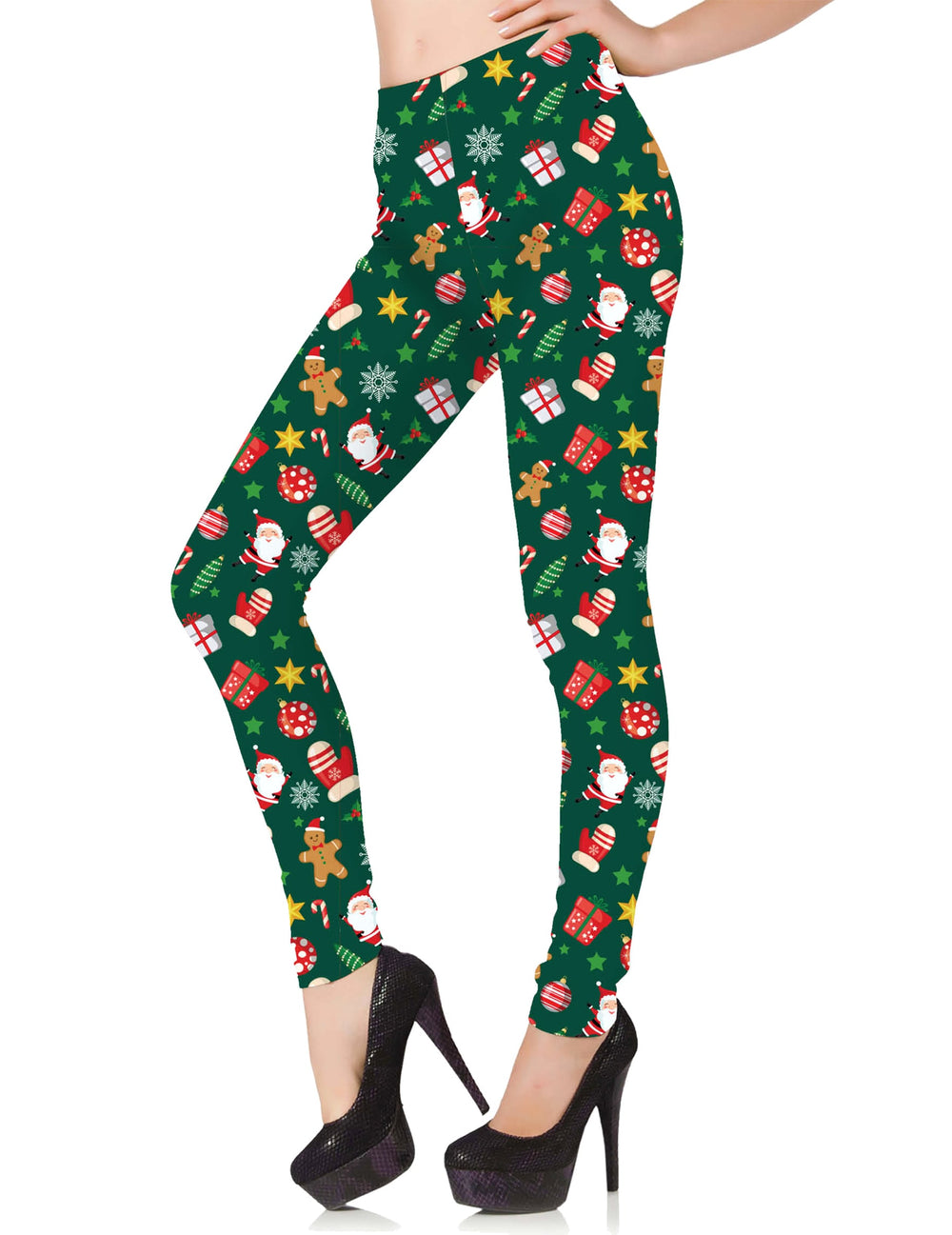Legging à motifs de Noël pour femme vert avec imprimés Père Noël et bonshommes de pain d'épice