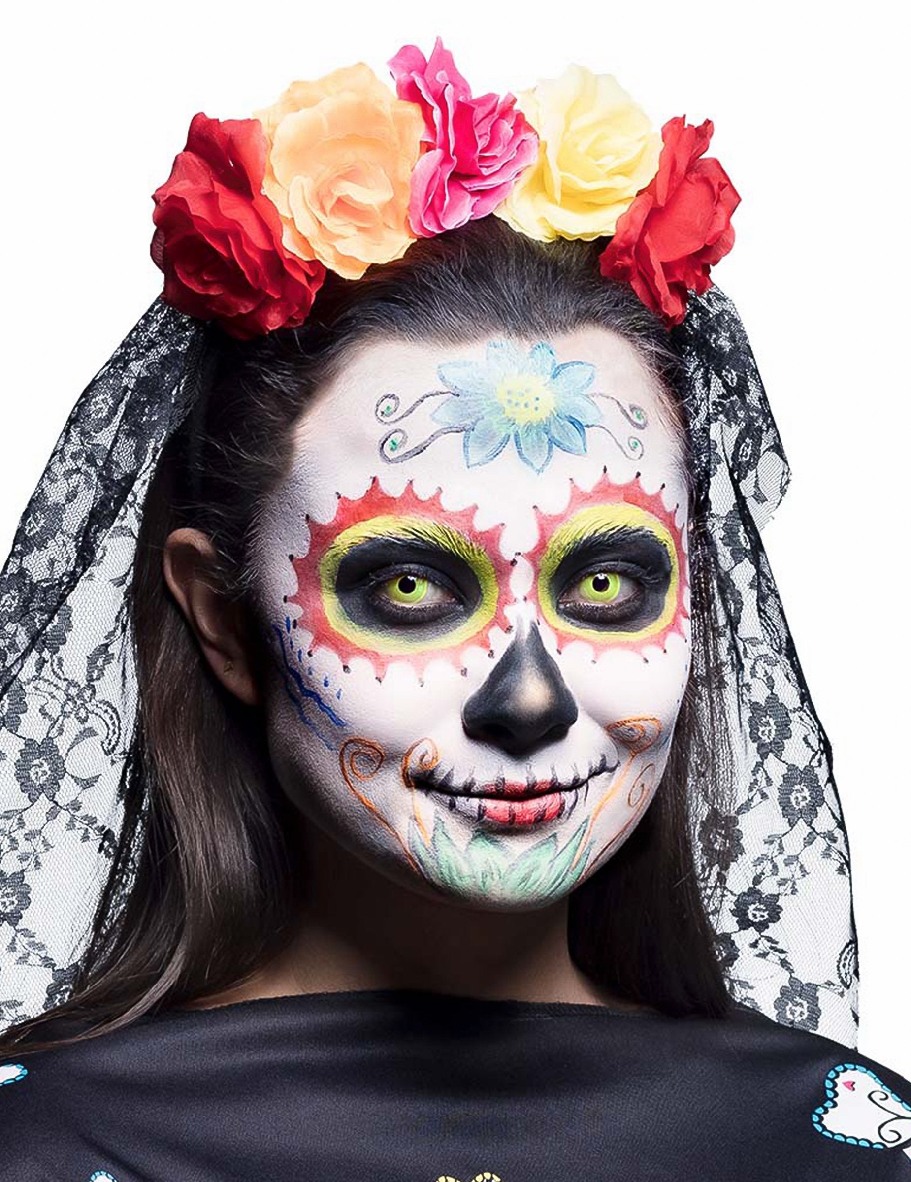 Detail zobrazenia nosenia so žltými UV fantázne šošovkami s make-upom