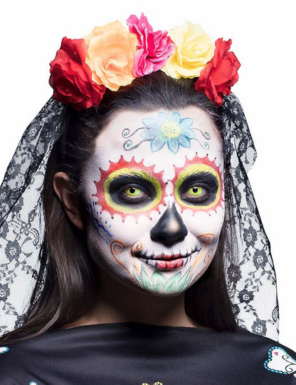 Detail zobrazenia nosenia so žltými UV fantázne šošovkami s make-upom