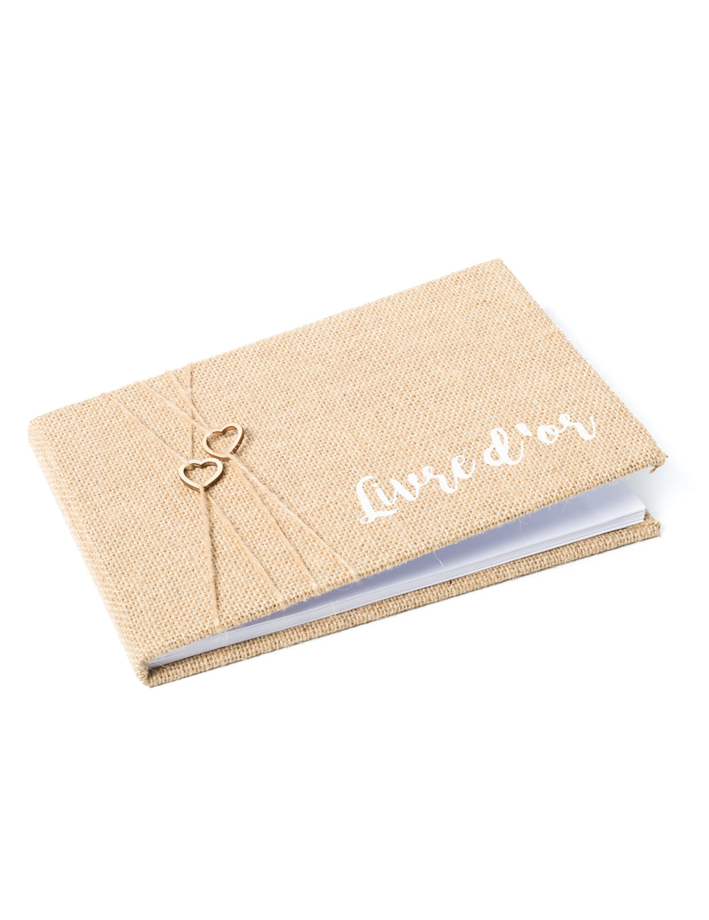 Livre d'or mariage nature en jute beige avec cœurs et écriture blanche