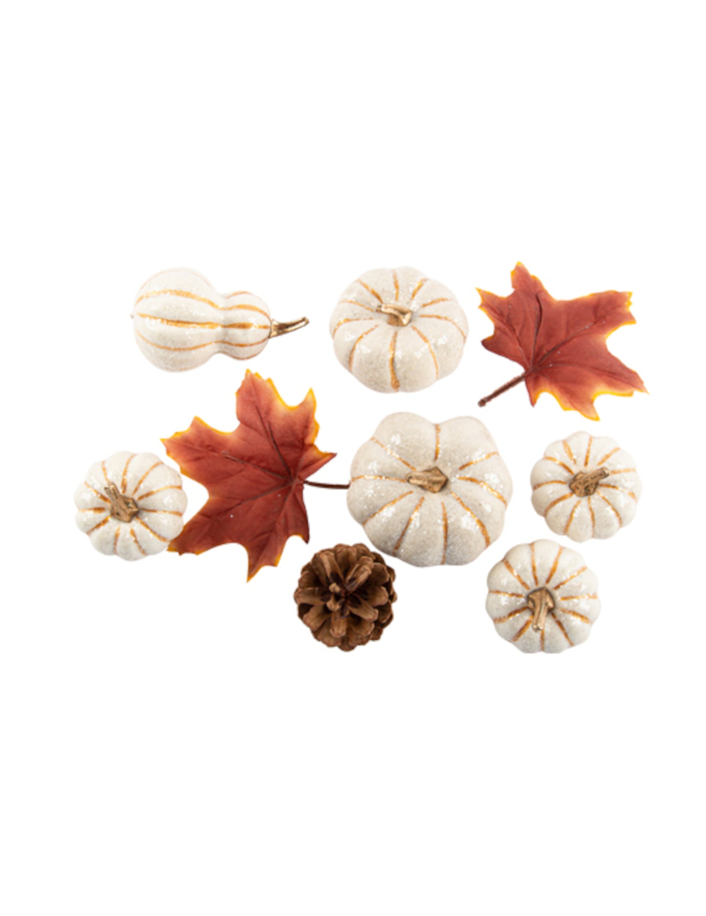 Sada 9 jesenných dekorácií: biele tekvice a listy