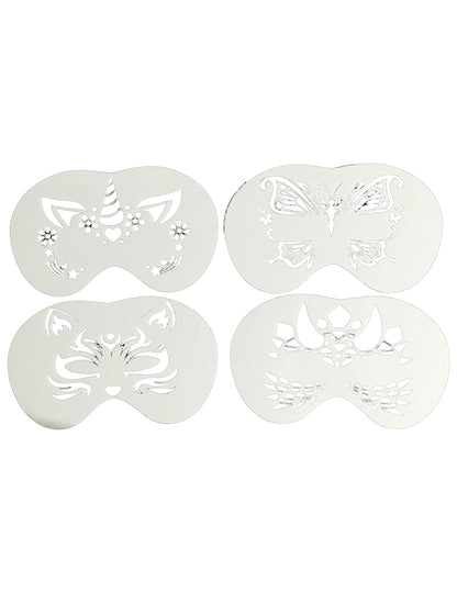 Détail des motifs licorne, papillon, chat et dragon du lot de 4 pochoirs maquillage animaux pour enfant