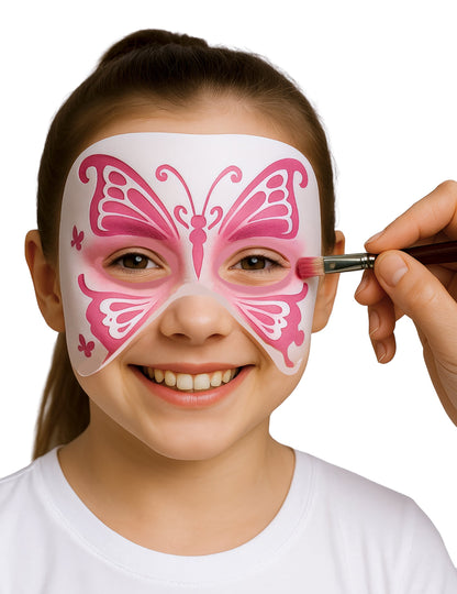 Rendu du motif papillon rose du lot de 4 pochoirs maquillage animaux pour enfant