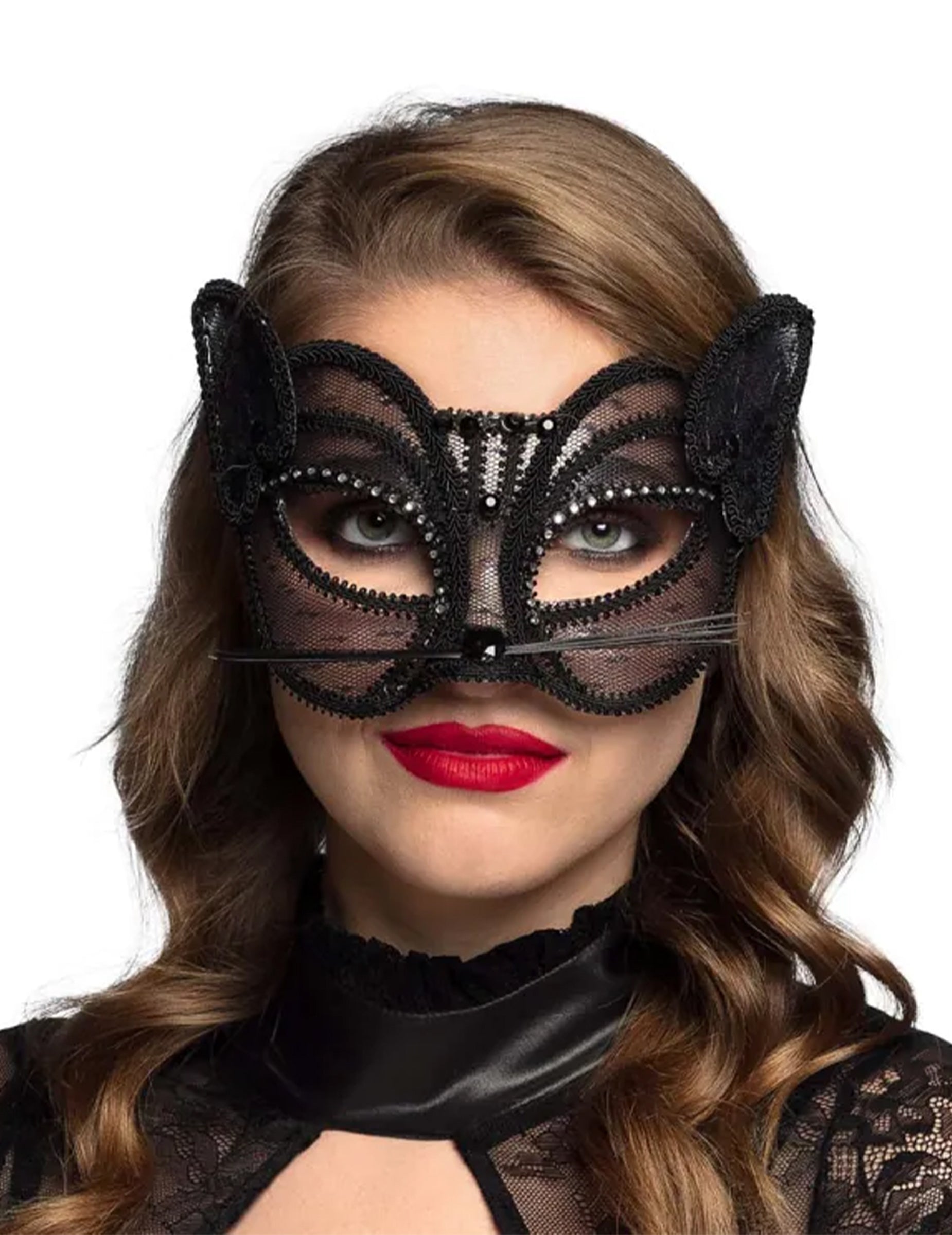 Loup chat pour femme en dentelle noire avec strass et moustaches