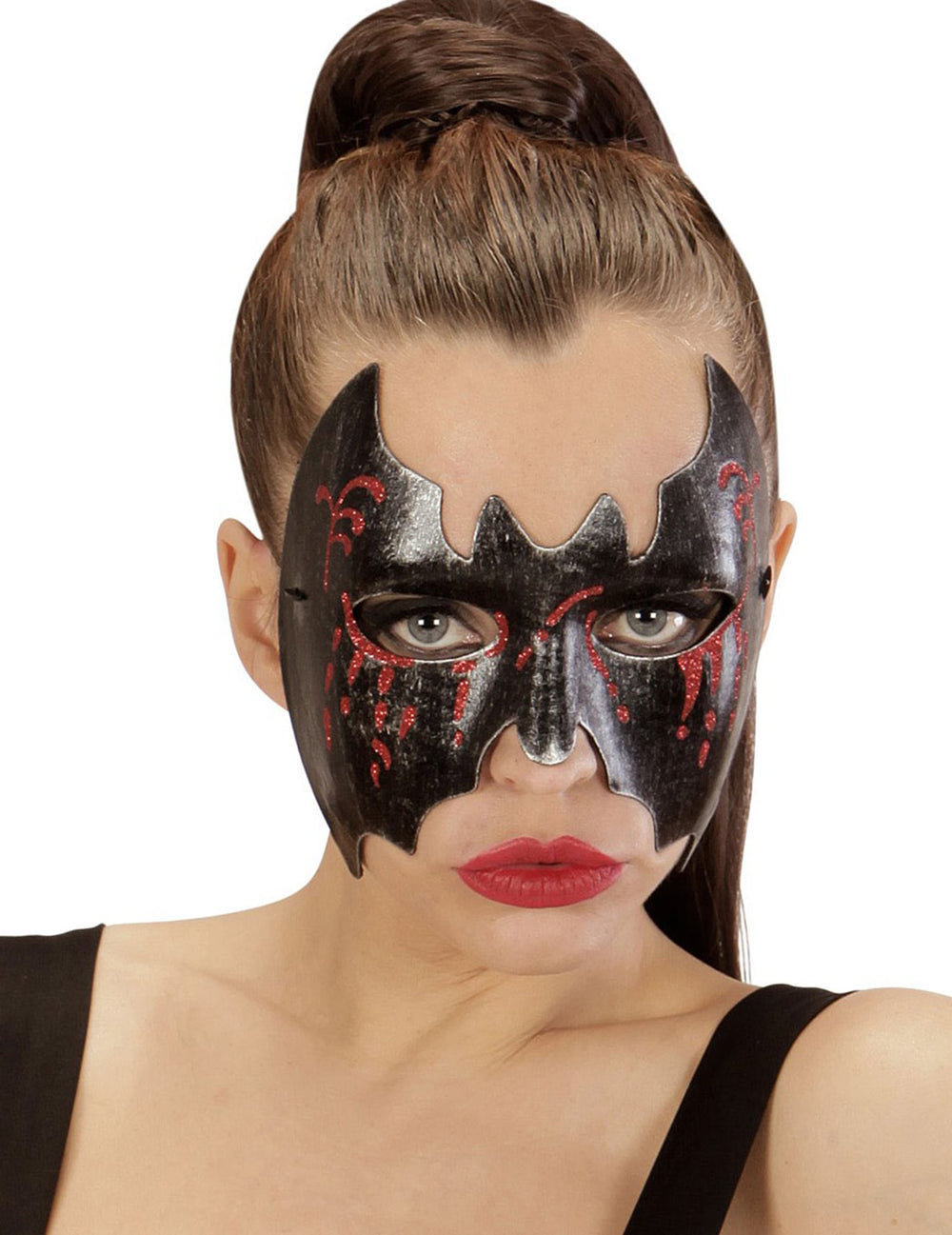 Loup chauve-souris ensanglanté Halloween pour femme noir et rouge pailleté
