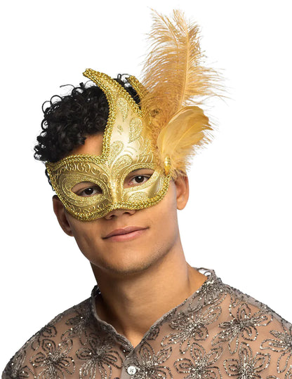 Zlatý maskový loup s perím pre dospelých 