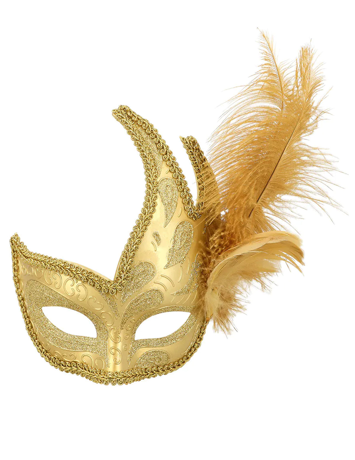 Détail des finitions dorées et de la plume du loup à plumes pour adulte