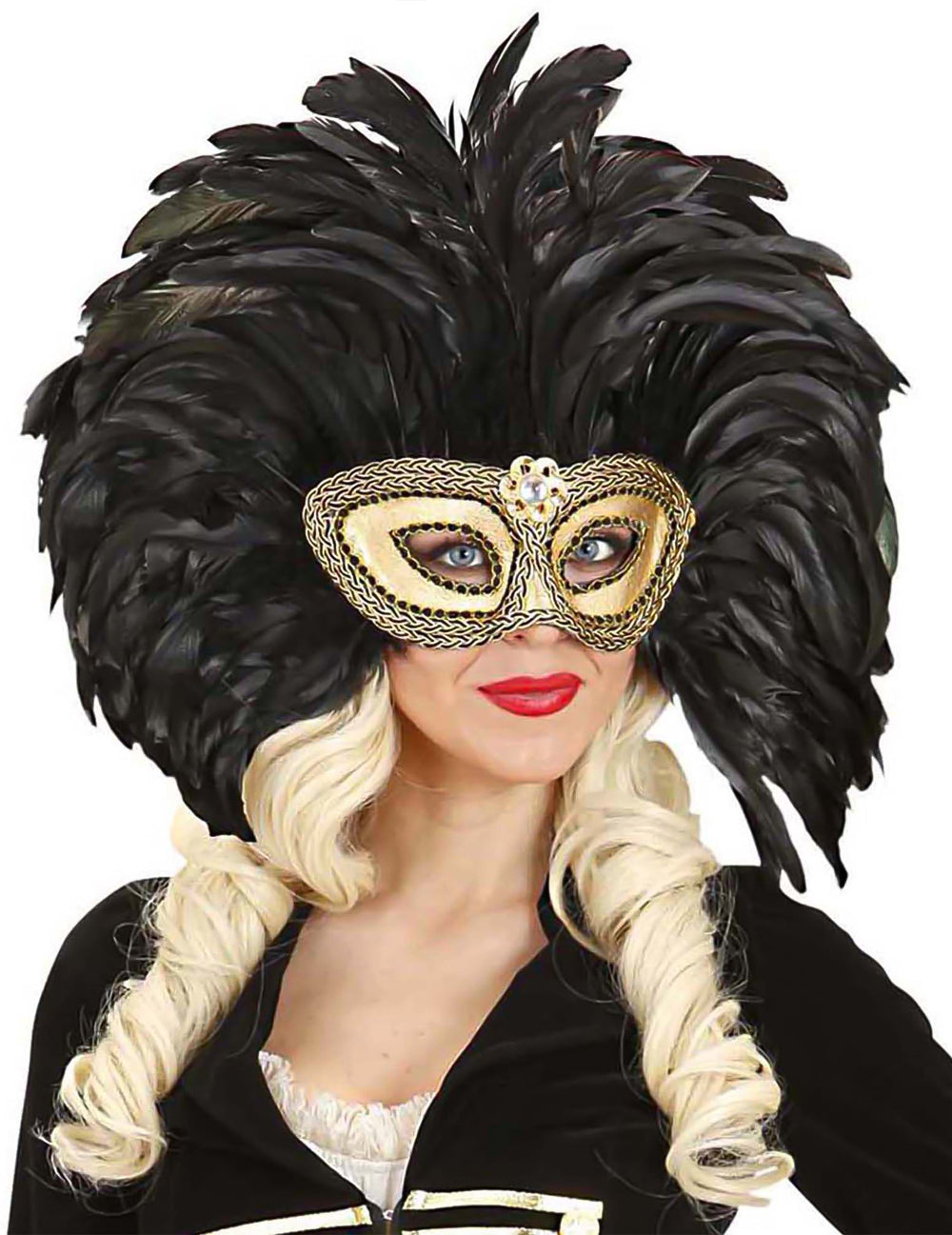 Vue de face du loup doré à plumes noires pour adulte