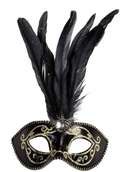 Loup à plumes noir et or pour adulte noir et doré avec paillettes