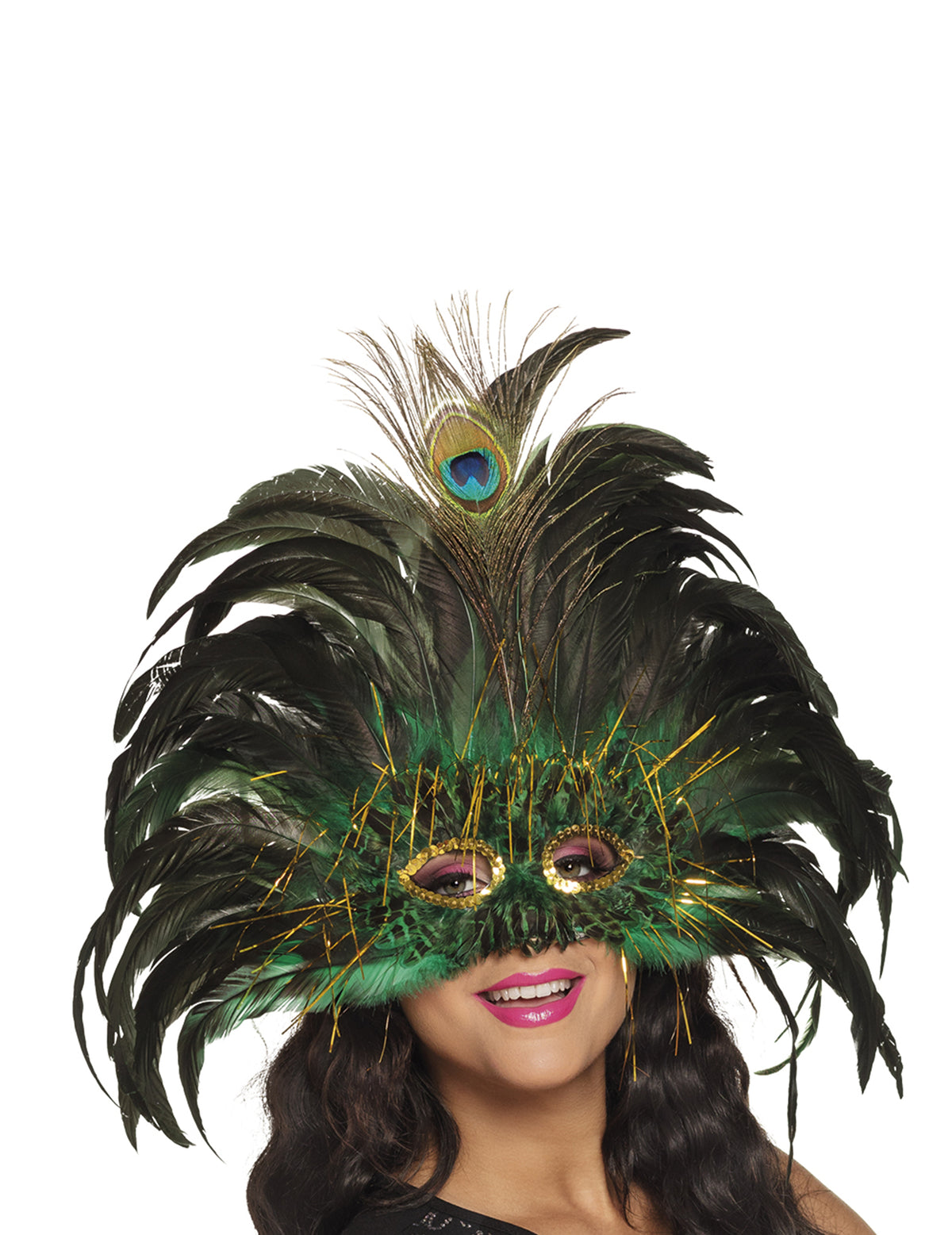 Loup paon vénitien avec plumes pour adulte vert et noir avec plume de paon centrale