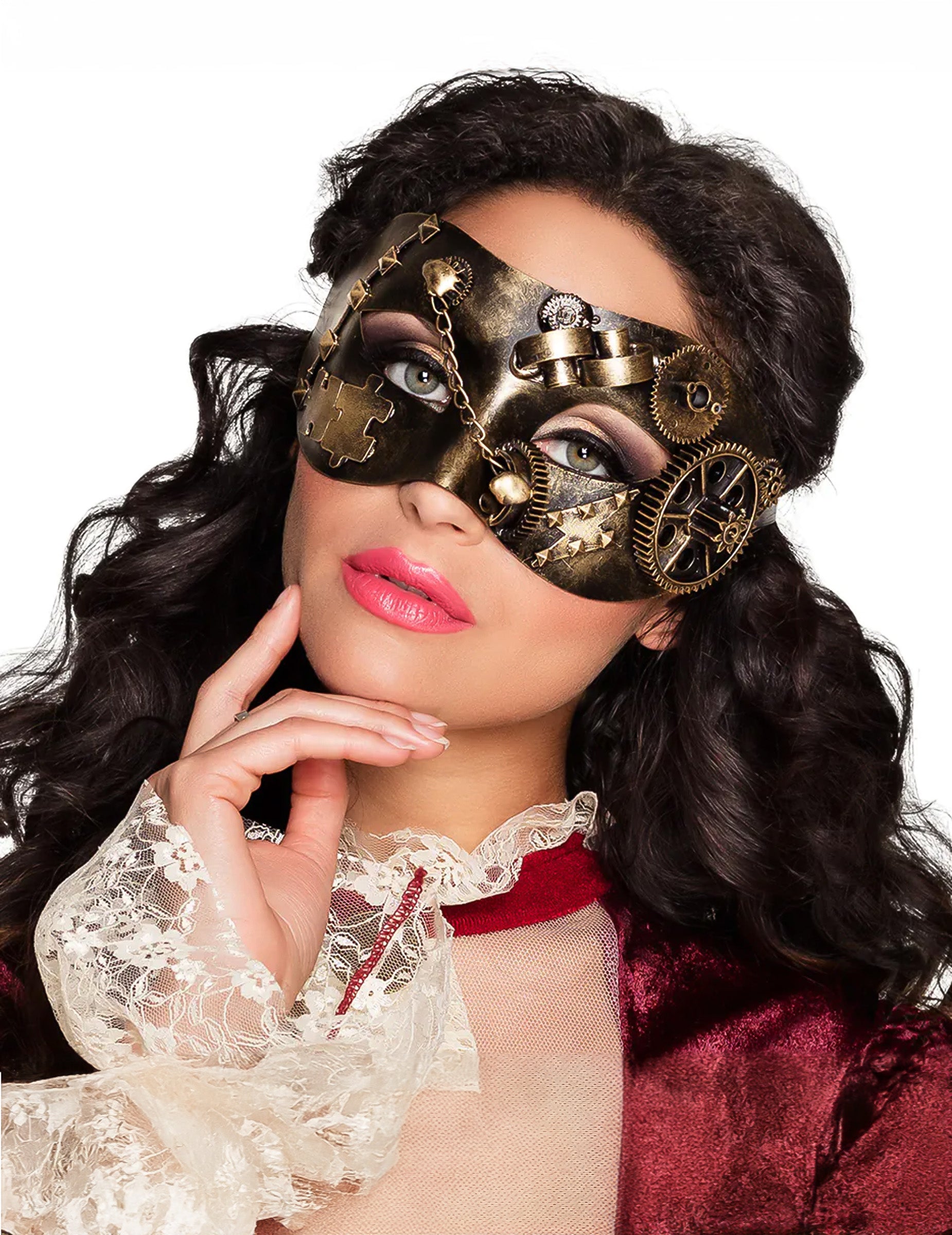 Loup steampunk rouages pour adulte bronze avec engrenages et chaînes