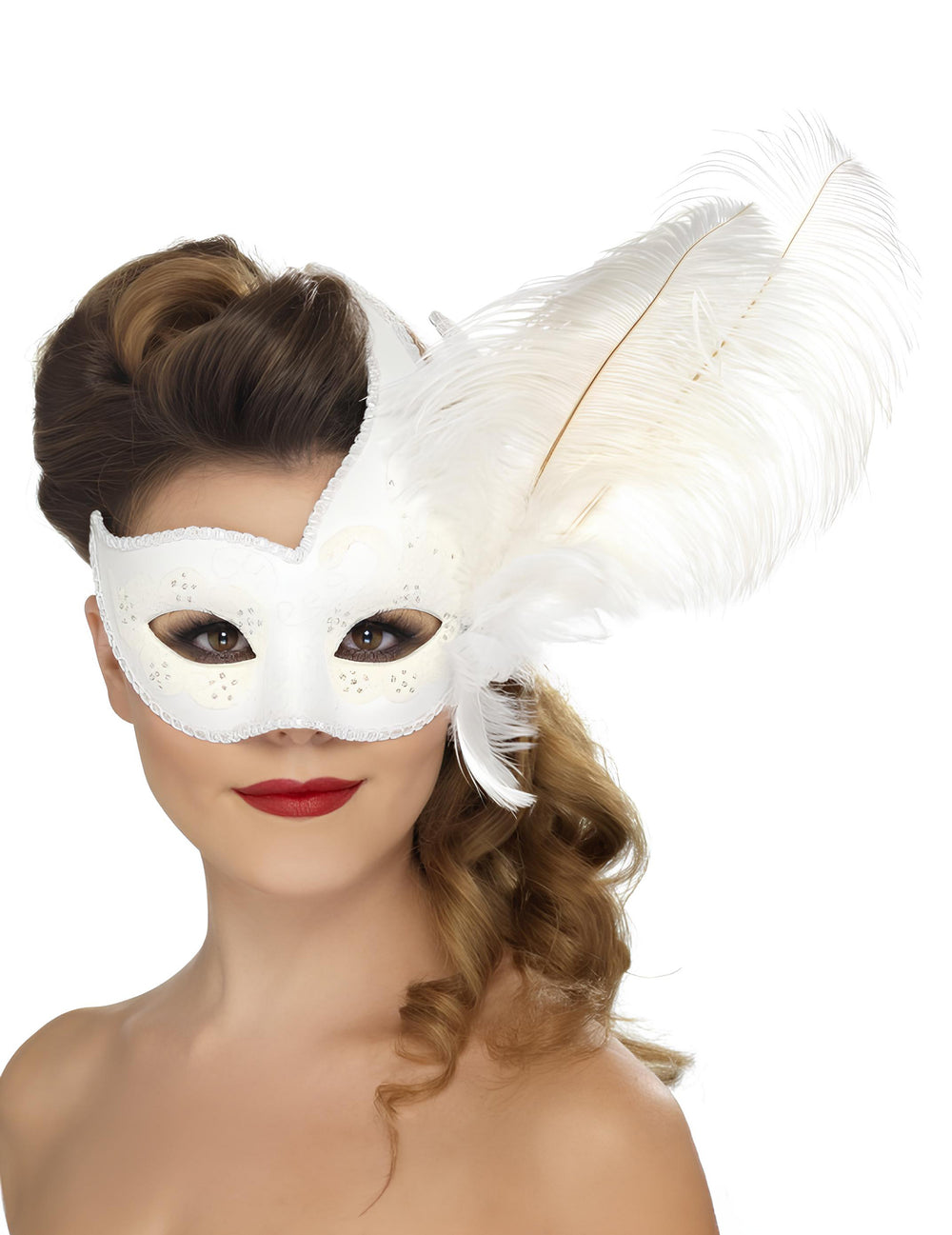 Loup vénitien pour adulte blanc avec plumes blanches