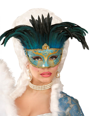 Loup vénitien bleu et or à plumes adulte