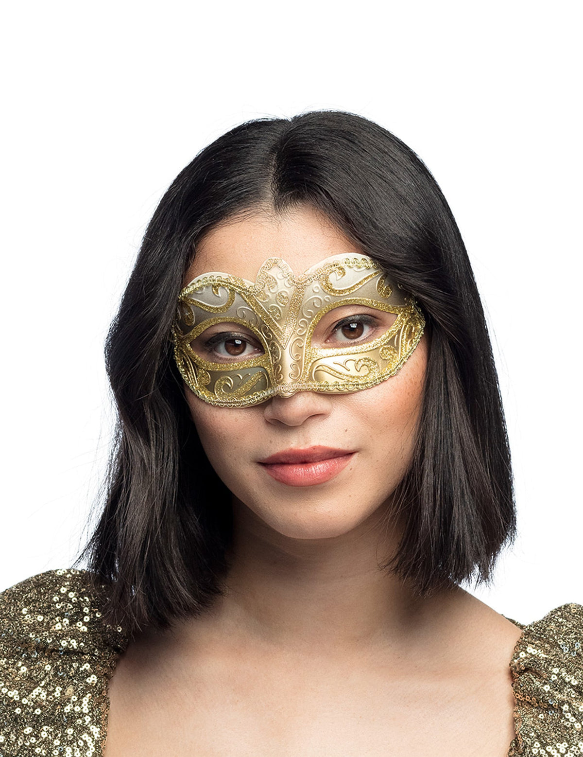 Vue de face du loup vénitien pour femme doré pailletté